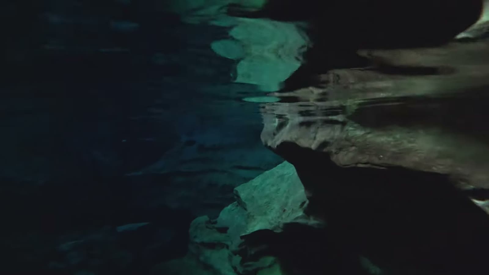 Água transparente e azulada dentro da caverna, com as rochas submersas aparecendo no fundo