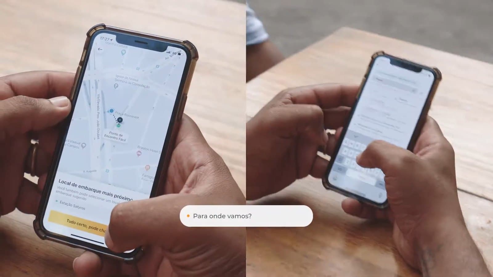 Dos manos piden un viaje en el celular