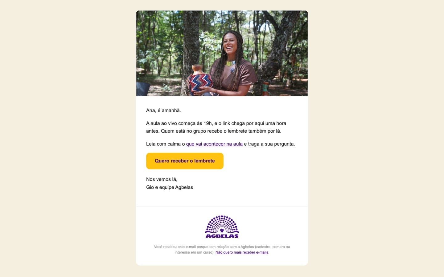 Un correo de Agbelas como llega a la bandeja de entrada, con foto, texto y botón