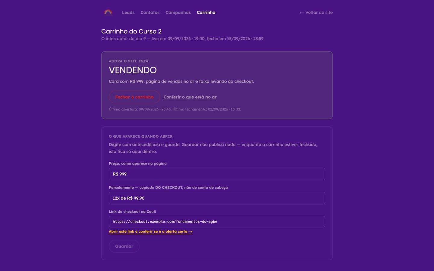 El interruptor del carrito en el panel, en modo venta, con precio, cuotas y enlace de pago