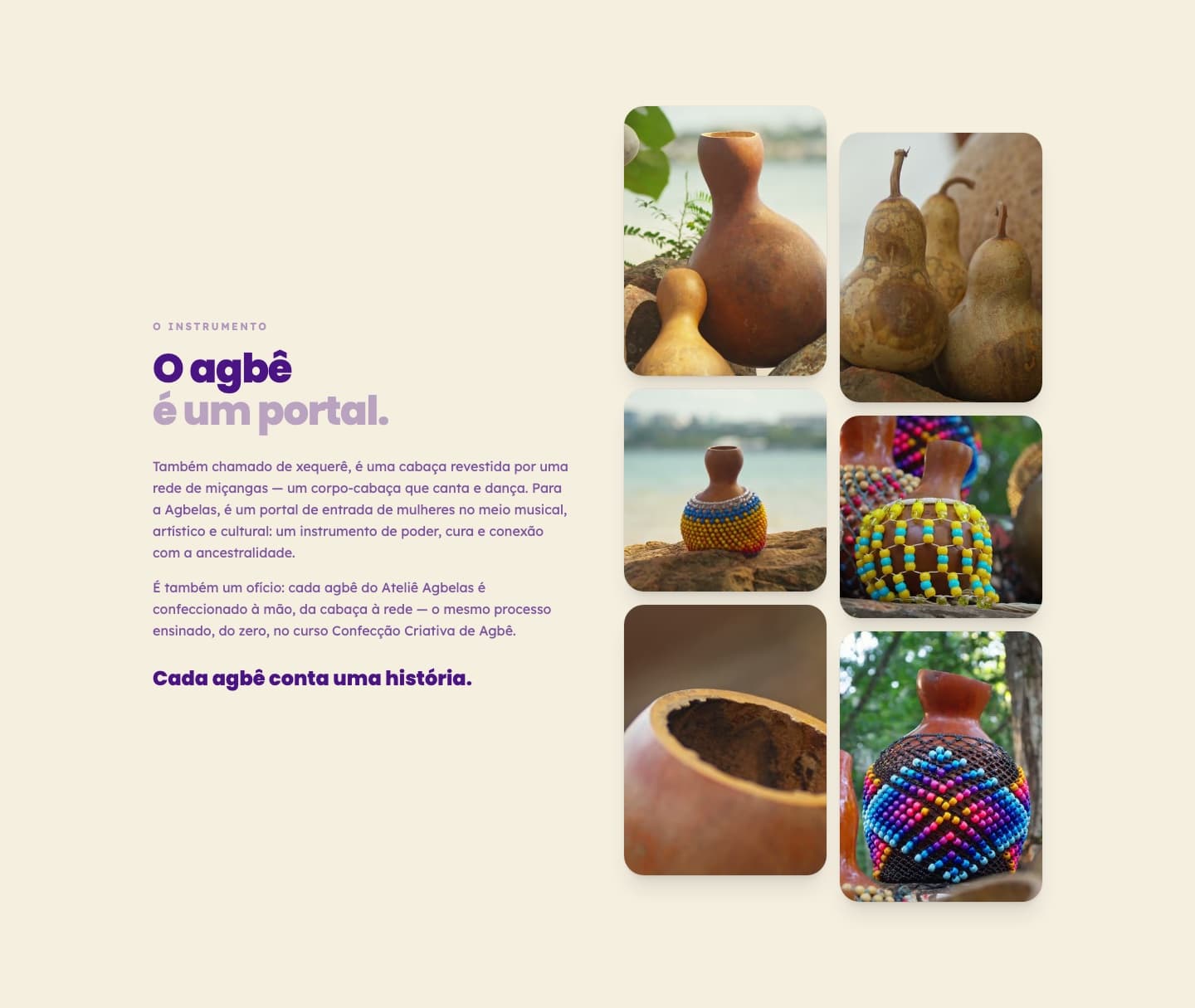 La sección “El agbê es un portal”, con un mosaico de fotos de calabazas y agbês