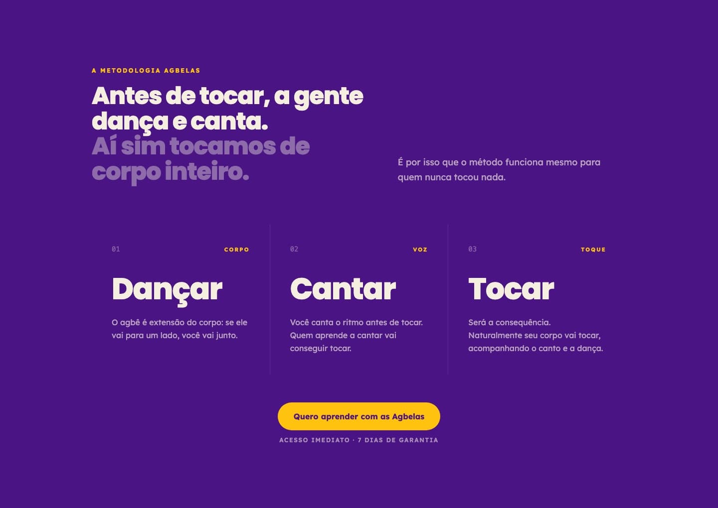La sección del método Agbelas en fondo violeta: bailar, cantar y tocar