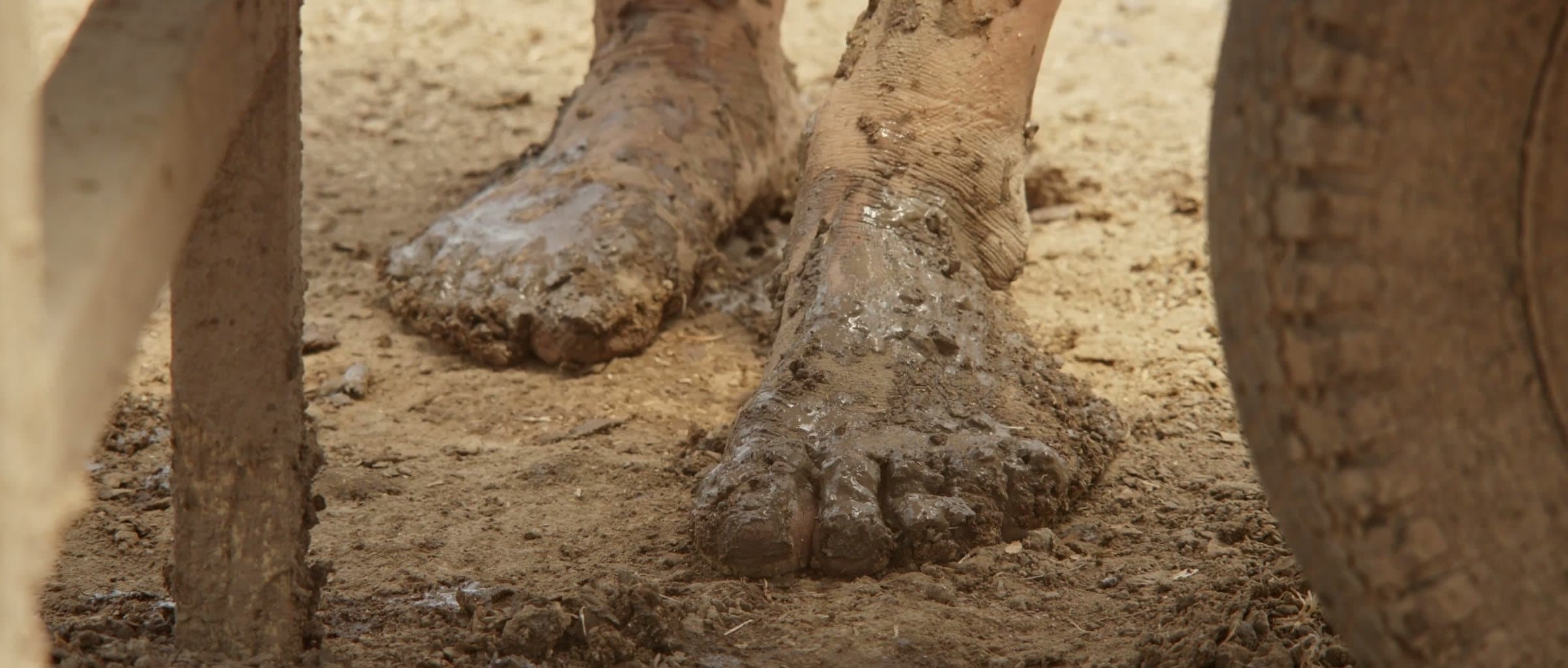 Bare feet covered in clay
