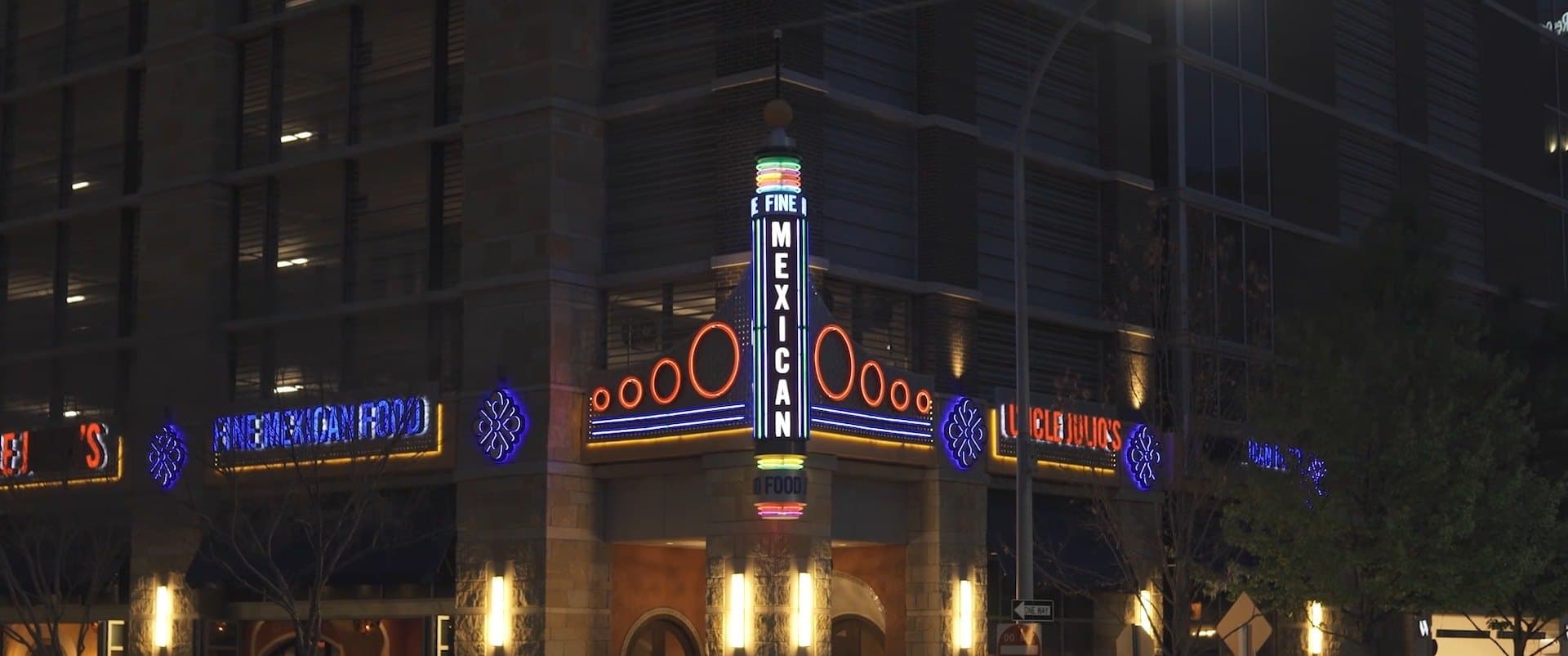 The theater marquee, lit at night