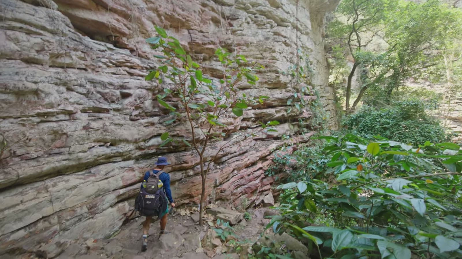 Layered rock wall, with a person wearing a backpack walking along its base, next to the forest