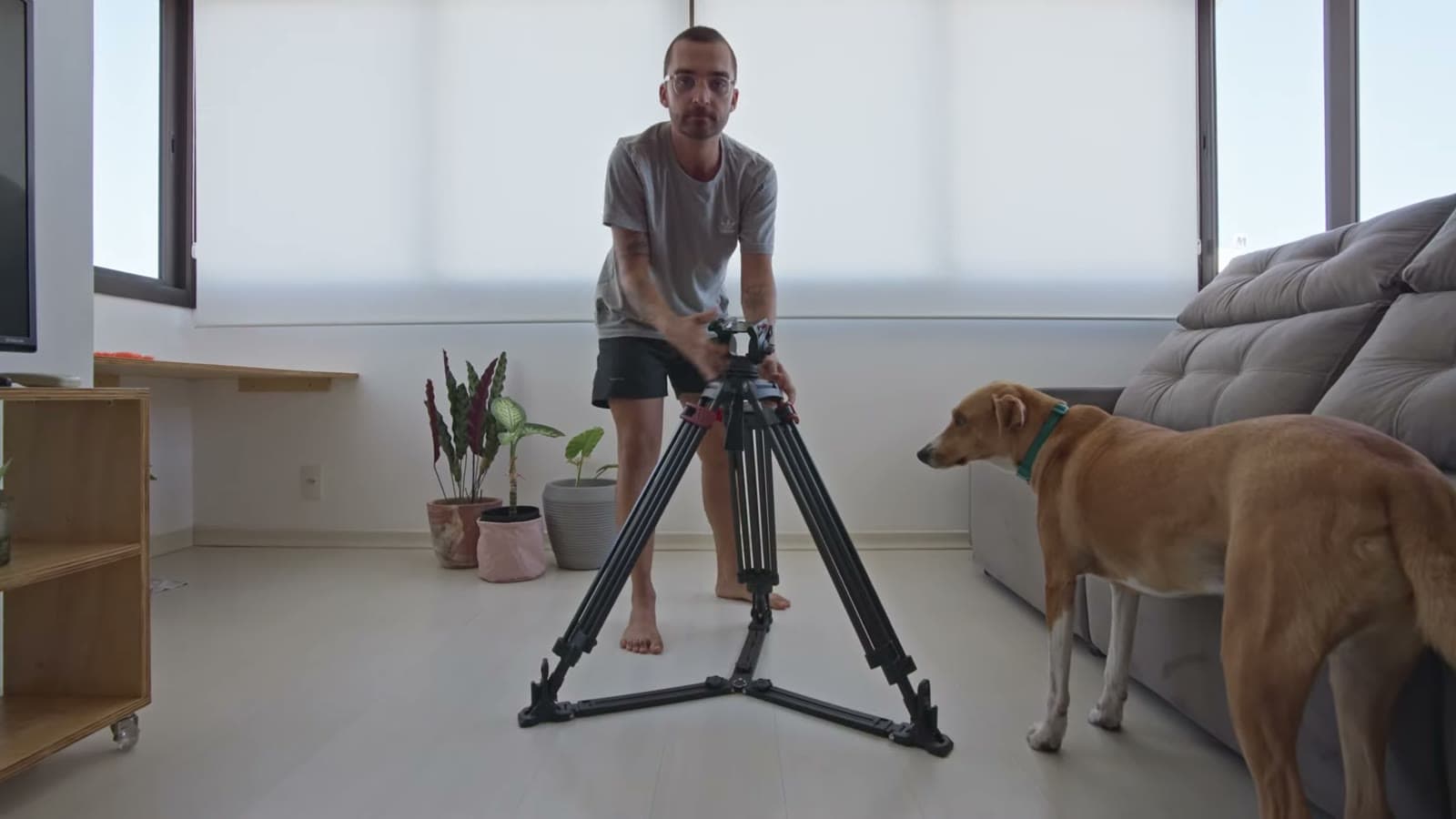 Nando ajustando o tripé Miliboo numa sala clara, com a Nina ao lado