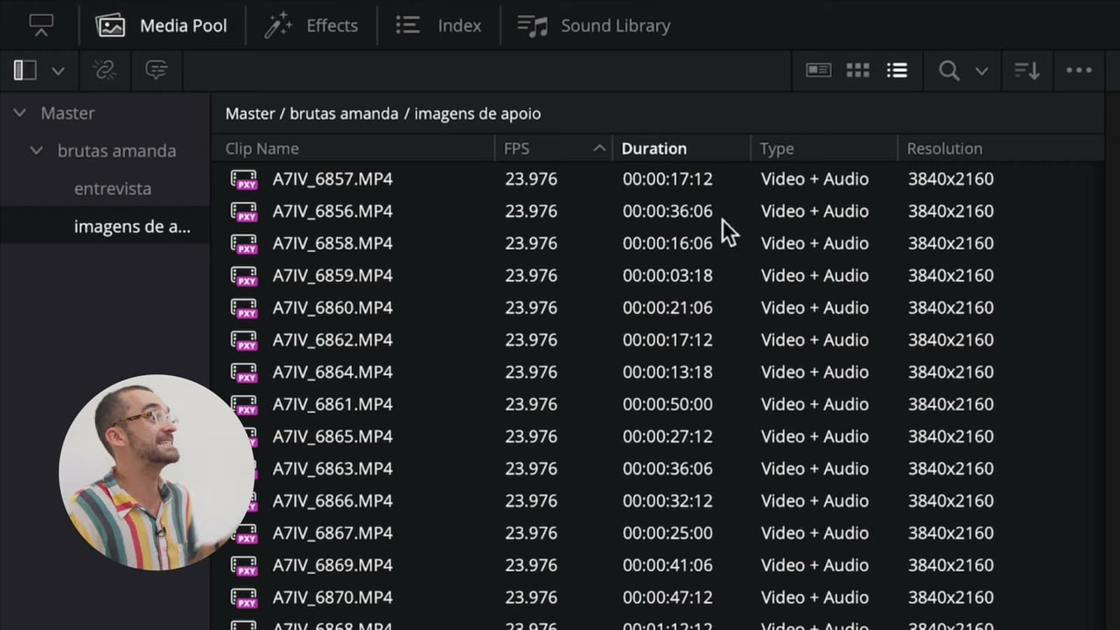 Media Pool de DaVinci Resolve con la carpeta brutas amanda dividida en entrevista e imágenes de apoyo, y la lista de clips a 23,976 cuadros