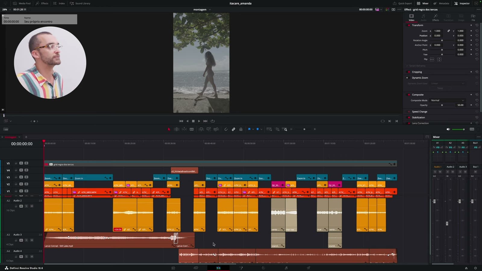 Timeline vertical del montaje final, con clips en naranja, amarillo, rosado y tan, y los zooms en azul en la pista de arriba