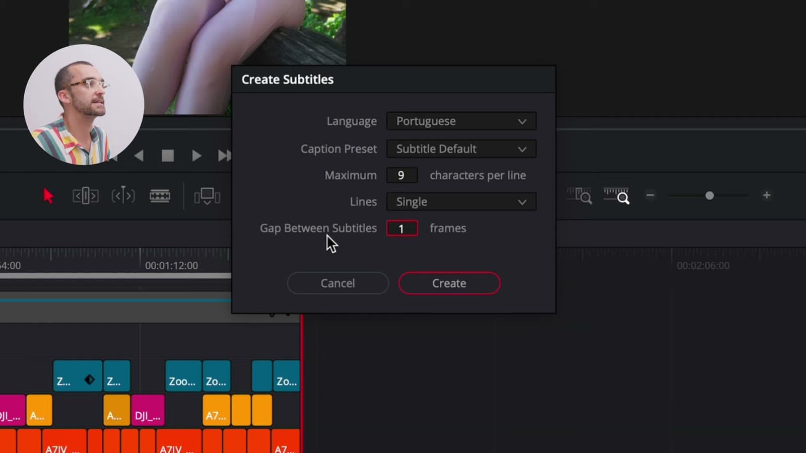 Ventana Create Subtitles de DaVinci Resolve con idioma portugués, 9 caracteres por línea, línea única y 1 frame de separación