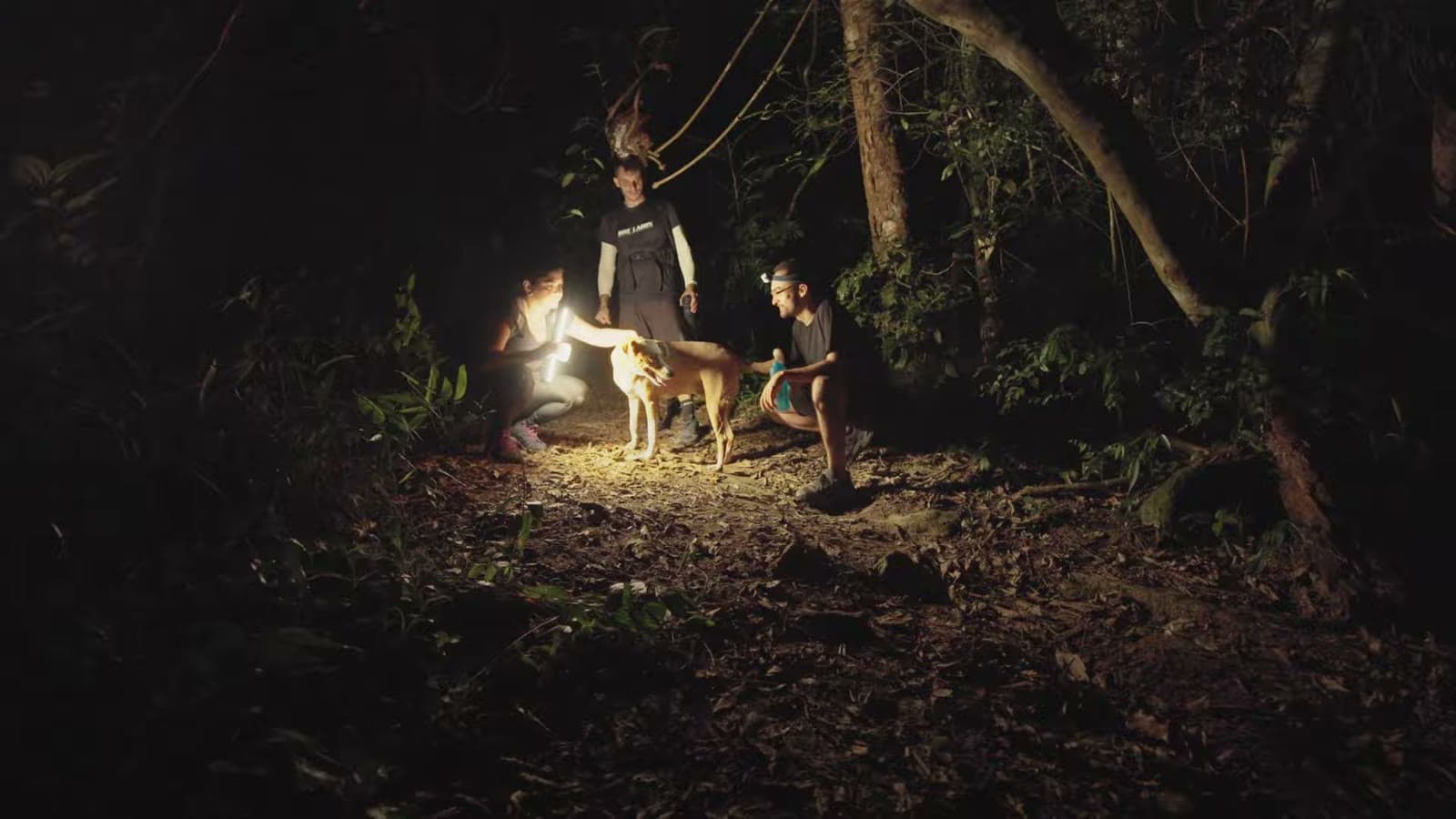 Nando, Bruno and Camila crouching on the dark trail, lit by flashlights, petting Nina