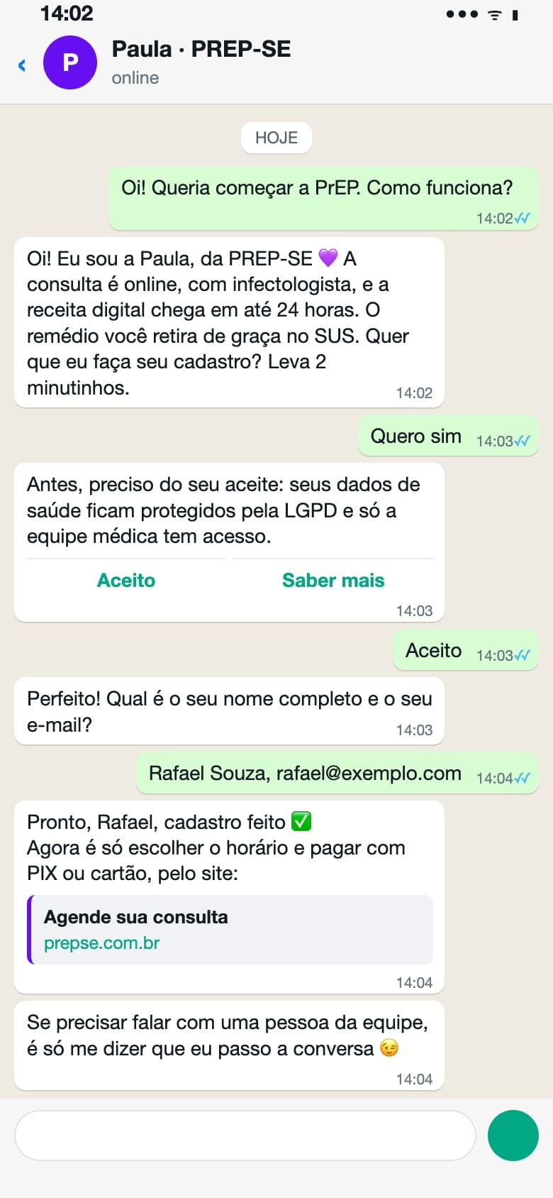 Simulated WhatsApp conversation with Paula, PREP-SE's assistant: introduction, data consent, sign-up and the link to book on the website