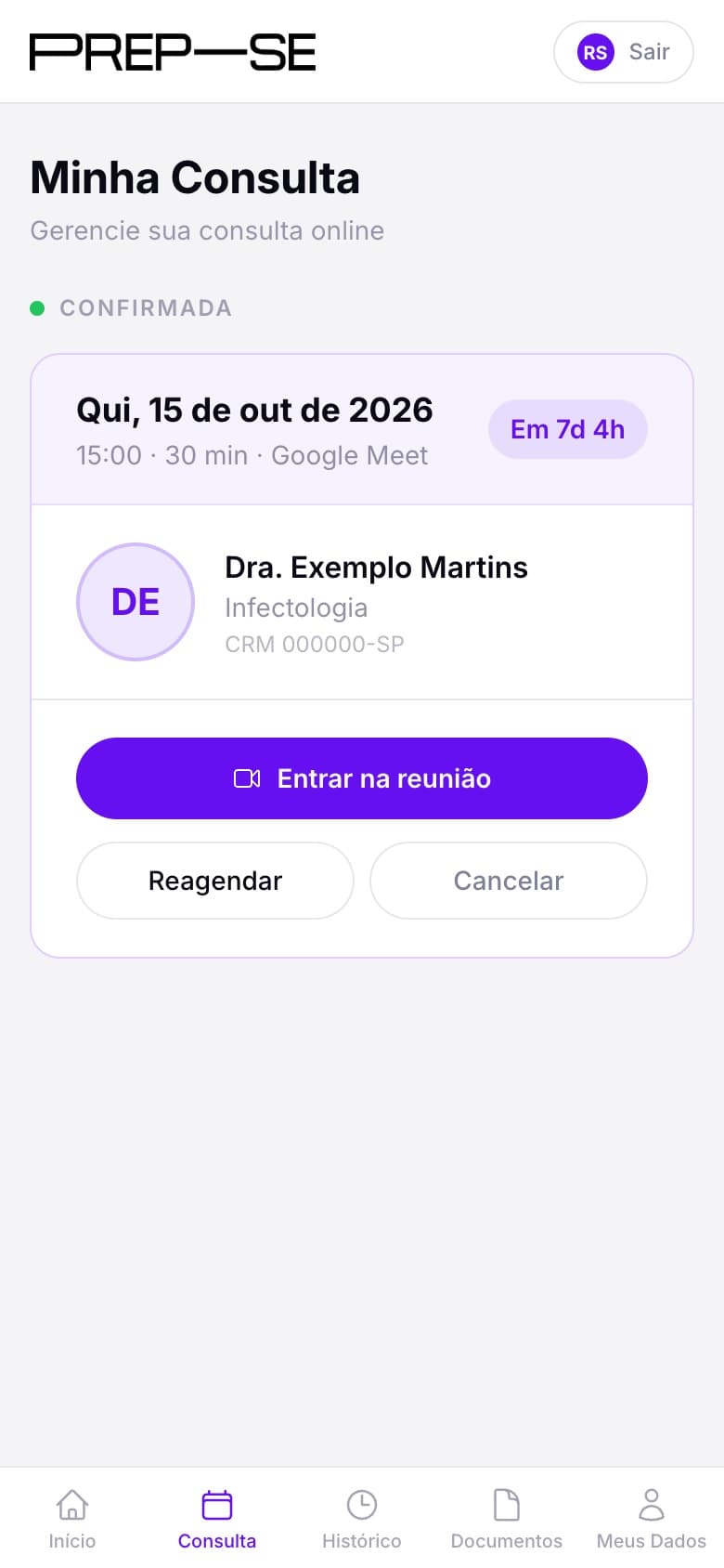 The appointment screen on a phone, with the doctor, the button to join the meeting and the options to reschedule and cancel