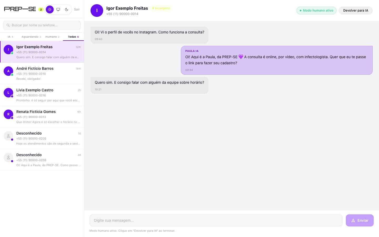 The WhatsApp support dashboard, with the conversation list and an open conversation in human mode